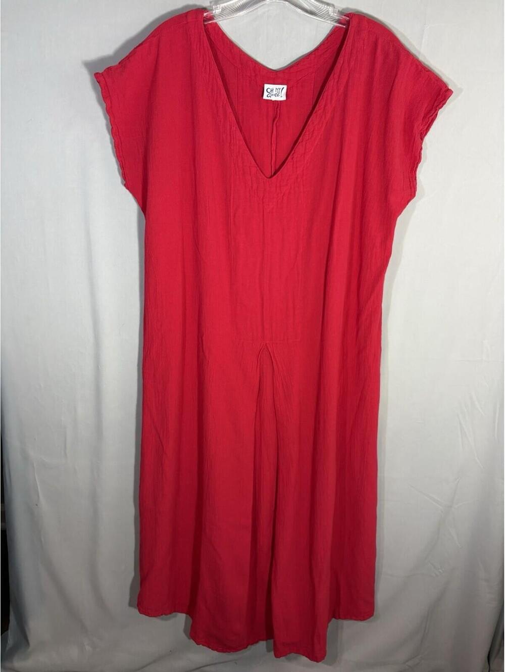 Oh My Gauze V-Neck Tunic Maxi Dress Women's sz 2 Red Cotton Gauze Lagenlook